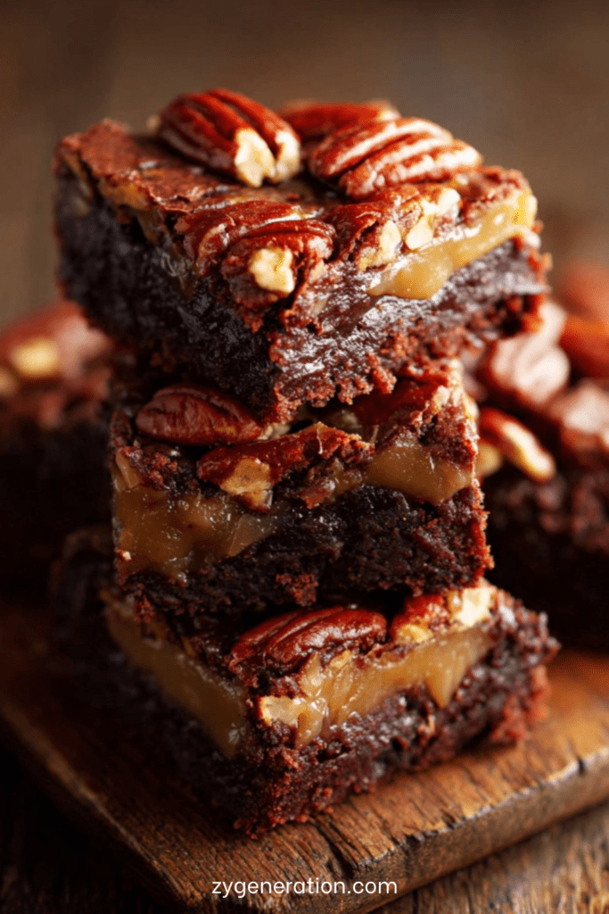 Brownies fondants au chocolat noir avec marbrures de caramel beurre salé et noix de pécan croquantes sur le dessus.