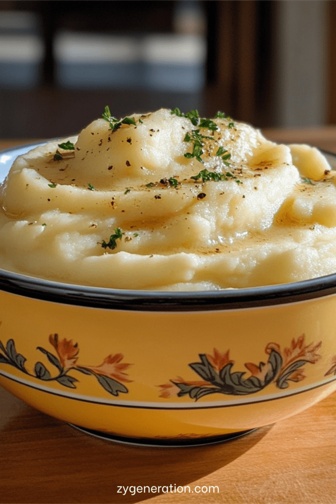 Purée de pommes de terre maison onctueuse et crémeuse, parsemée de persil frais et servie chaude dans un plat.
