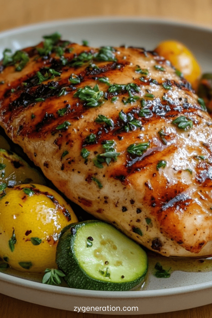 Blanc de poulet grillé mariné au citron et aux herbes, servi avec courgettes et tomates rôties dorées au four.