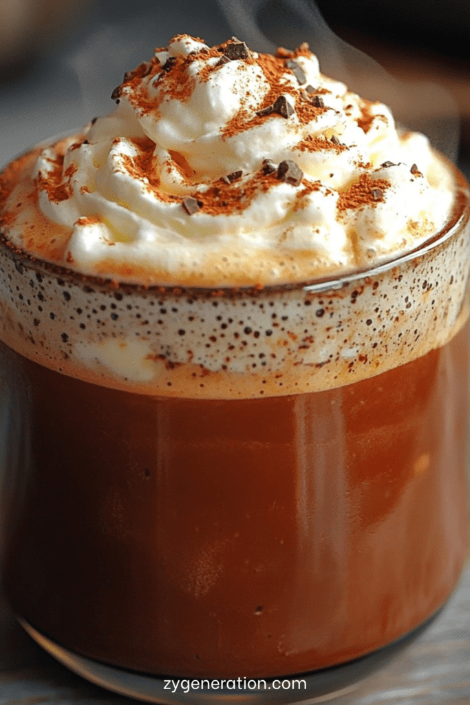 Chocolat chaud maison onctueux au chocolat noir, surmonté de crème fouettée, copeaux de chocolat et cacao saupoudré.