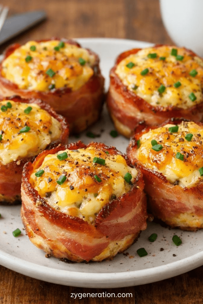 Muffins salés aux œufs et fromage cuits dans une coque de bacon croustillant, garnis de ciboulette fraîche et fromage fondant.