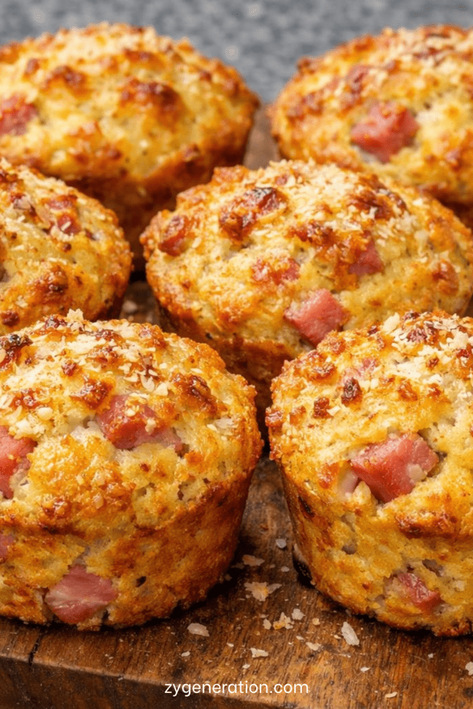 Muffins salés au jambon et fromage dorés au four, texture moelleuse avec emmental fondant et parmesan gratiné sur le dessus.