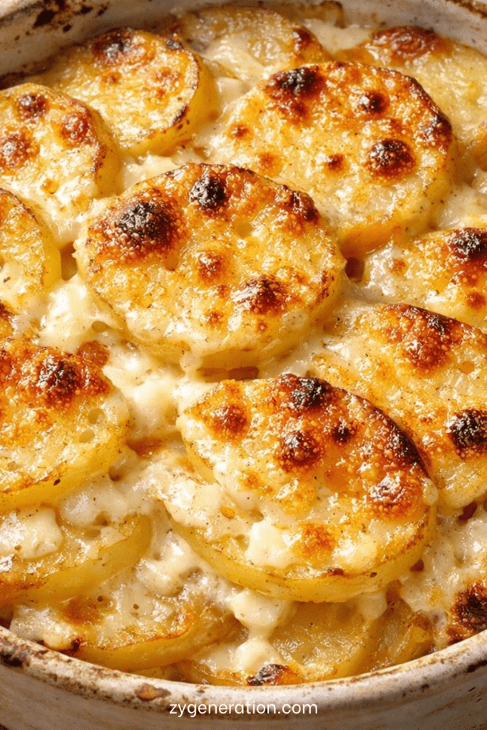 Gratin fondant de pommes de terre au fromage doré au four, couches fines de pommes de terre nappées de crème et fromage gratiné.