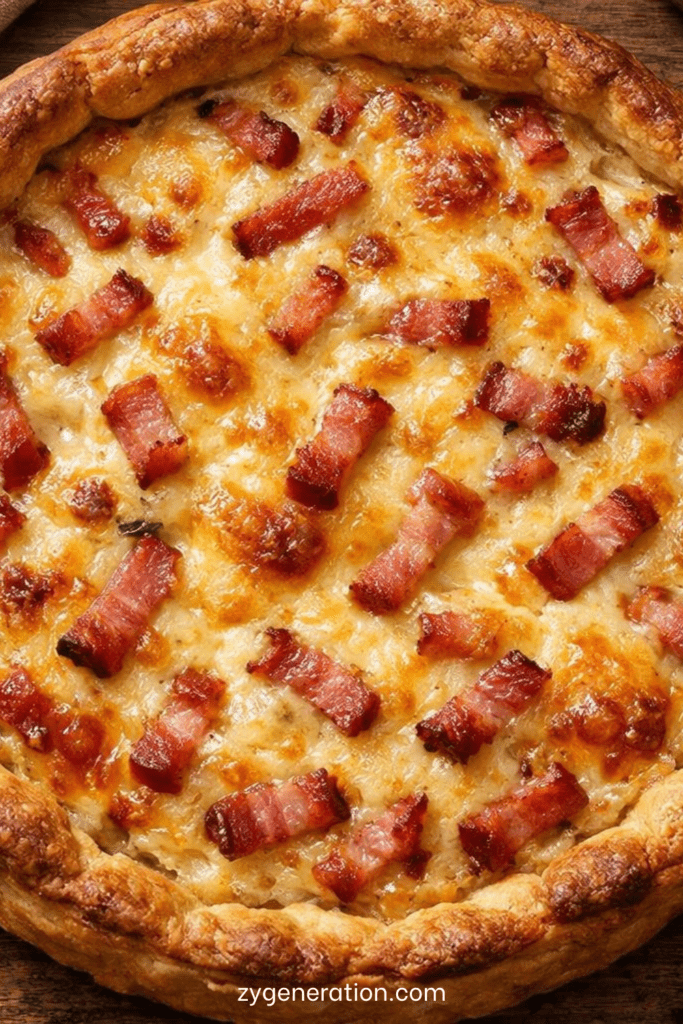 Quiche aux lardons dorée au four, pâte brisée croustillante garnie de lardons fumés, crème, œufs et fromage fondant.