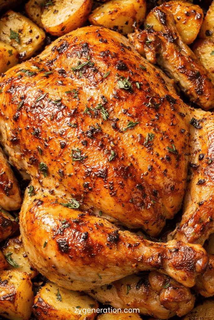 Poulet rôti entier au four à la peau croustillante, entouré de pommes de terre fondantes dorées au jus de cuisson et herbes fraîches.