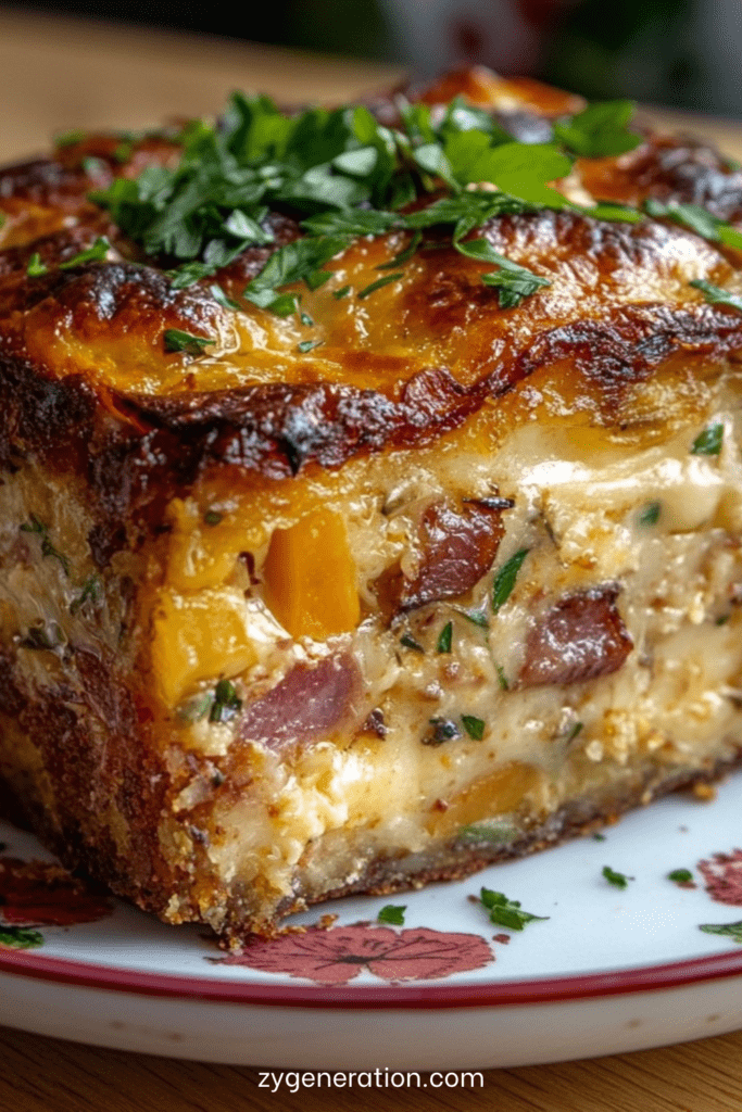 Gratin de légumes mélangés et jambon, gratiné au fromage, doré au four dans un plat familial.