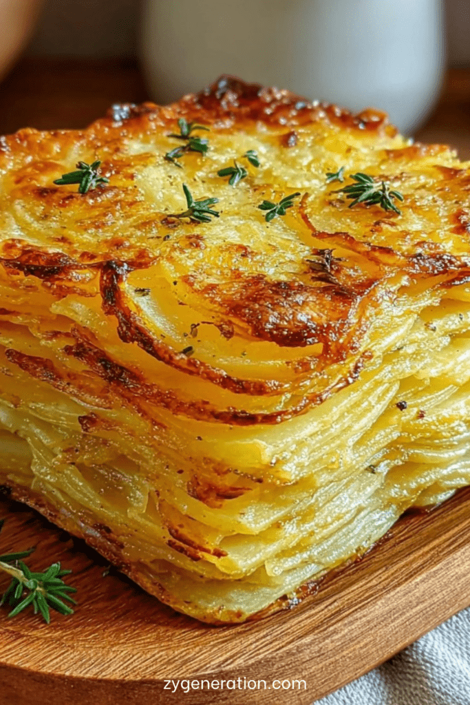 Millefeuille de pommes de terre croustillant au beurre noisette, découpé en parts nettes, aux couches fines et dorées, parfumé au thym.