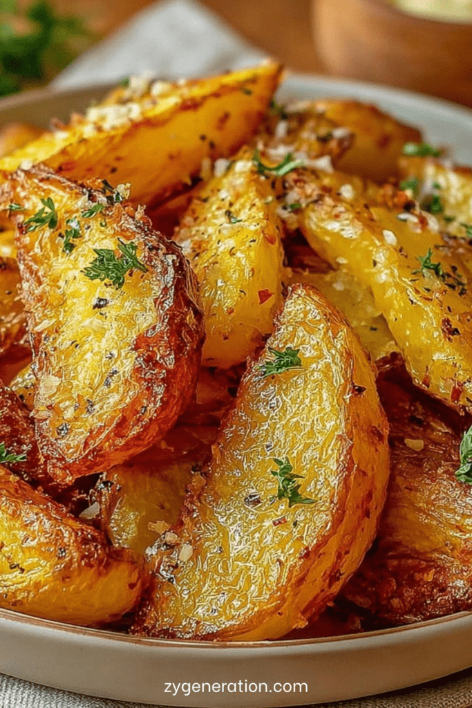 Pommes de terre rôties au four croustillantes au paprika fumé, ail confit fondant, persil frais et dorure intense sur plaque de cuisson.