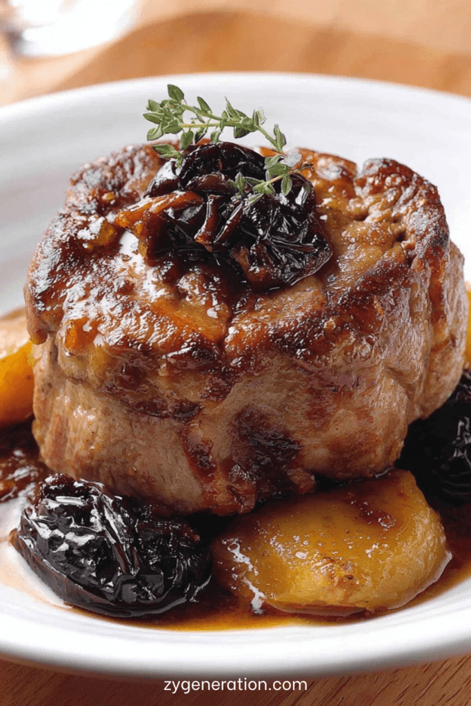 Paupiettes de veau farcies aux pruneaux nappées de sauce brune brillante, servies bien chaudes avec accompagnement rustique.