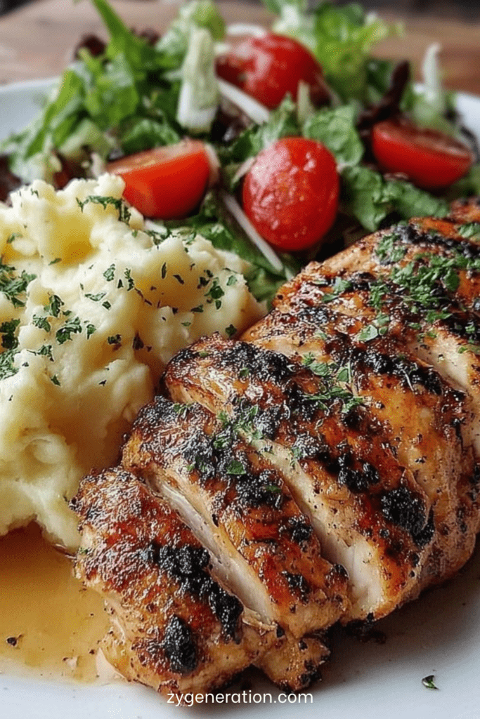 Assiette de poulet grillé doré, purée de pommes de terre maison onctueuse et salade verte fraîche aux tomates et citron.