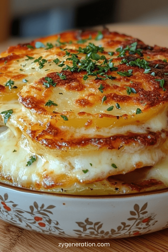 Gratin dauphinois au Airfryer doré et fondant, pommes de terre en fines rondelles nappées de crème, dessus gratiné au fromage.