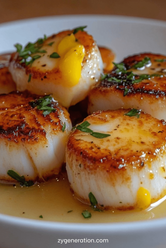 Noix de Saint-Jacques poêlées dorées, nappées de beurre citronné brillant avec persil frais, servies chaudes dans une assiette élégante.