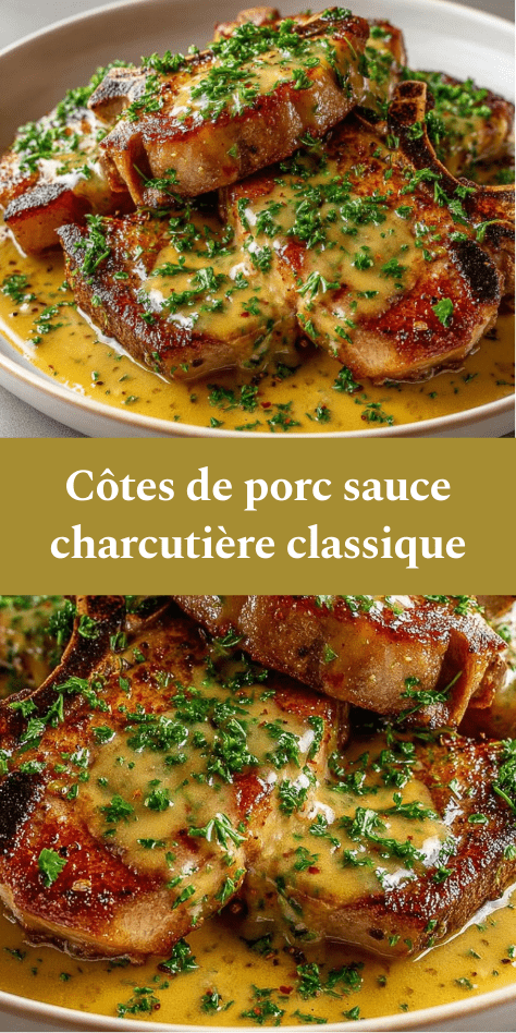 Côtes de porc dorées nappées de sauce charcutière onctueuse au vin blanc et moutarde, parsemées de persil frais et servies chaudes.