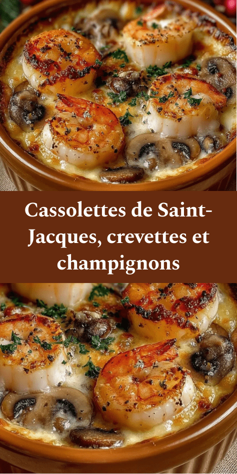 Cassolettes individuelles garnies de Saint-Jacques dorées, crevettes fondantes et champignons à la crème, légèrement gratinées et servies chaudes.