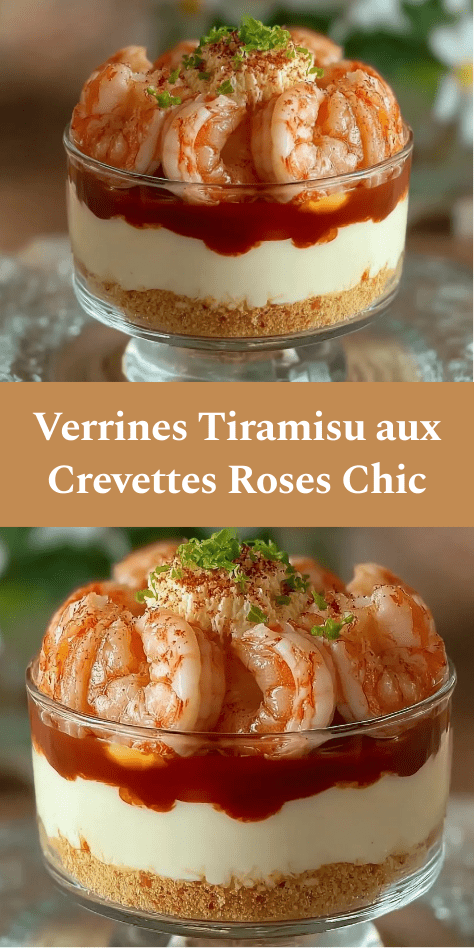 Verrines transparentes garnies d’une base croustillante de biscuits salés, d’une crème onctueuse au fromage, d’une couche de sauce tomate relevée et de crevettes roses décorées de ciboulette.