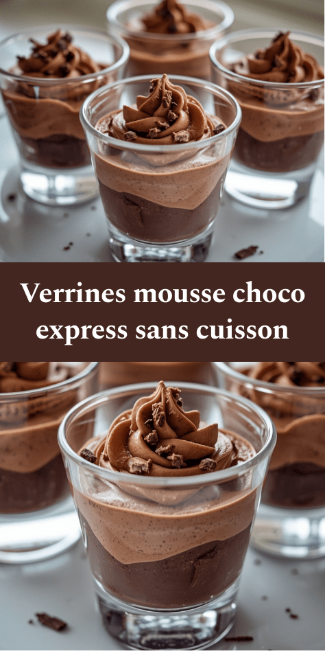 Verrines de mousse au chocolat noir onctueuse, texture aérienne et brillante, décorées de copeaux de chocolat sur le dessus dans des verres transparents.