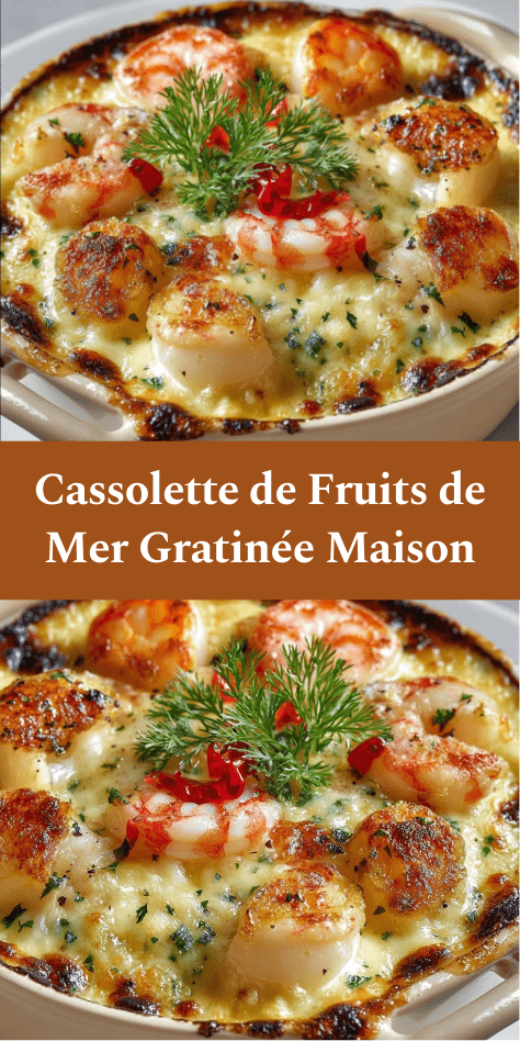 Cassolette individuelle de fruits de mer gratinée au four, contenant noix de Saint-Jacques, crevettes et moules nappées d’une sauce crémeuse dorée au fromage.