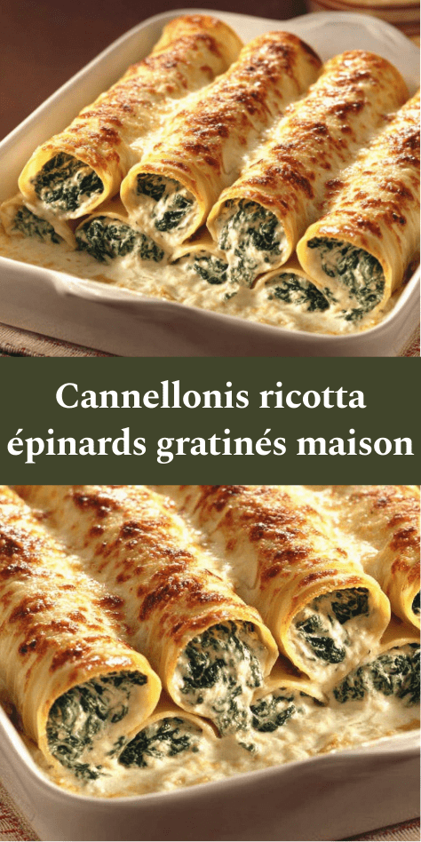 Plat de cannellonis ricotta épinards nappés de béchamel et gratinés au fromage, surface dorée et fondante, servi chaud en plat rectangulaire.