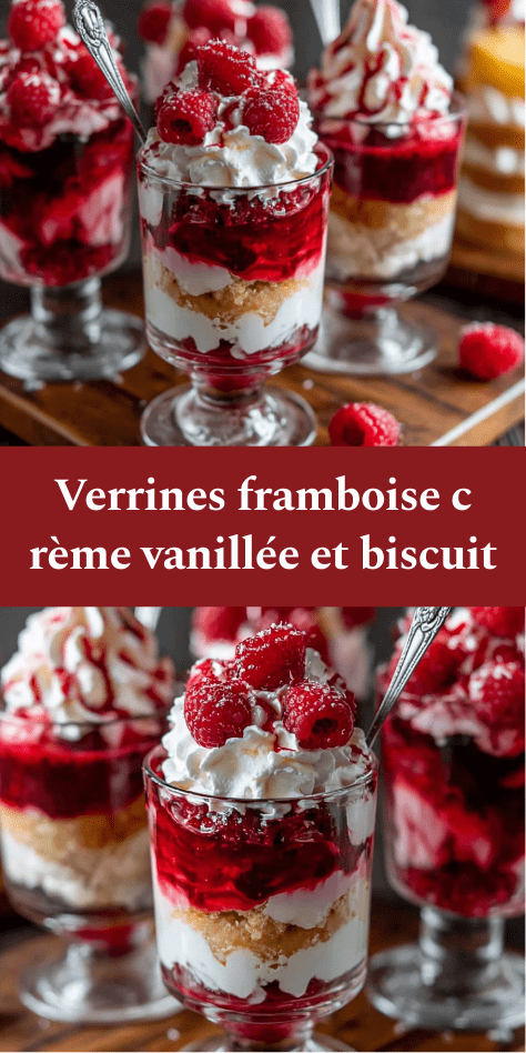 Verrines en verre composées de couches de crème vanillée, biscuits sablés émiettés, gelée de framboise et framboises fraîches entières sur le dessus.