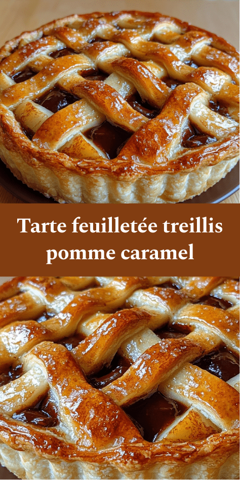 Tarte feuilletée aux pommes et caramel avec treillis doré sur le dessus, garniture fondante visible entre les croisillons, servie tiède sur un plat rond.