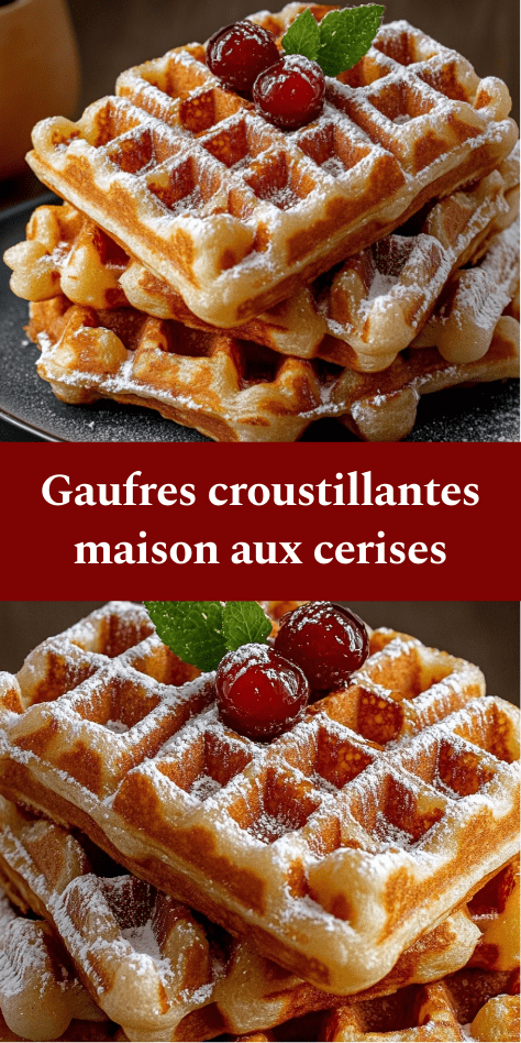 Gaufres croustillantes maison empilées, garnies de cerises fraîches, feuilles de menthe et saupoudrées de sucre glace, servies chaudes sur une assiette blanche.