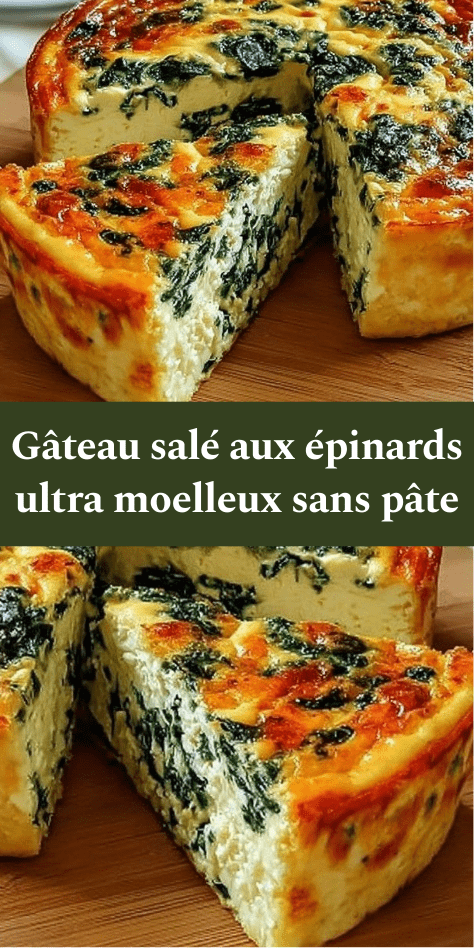 Gâteau salé aux épinards sans pâte, texture fondante et dorée sur le dessus, tranché et servi sur une assiette avec une salade verte en accompagnement.