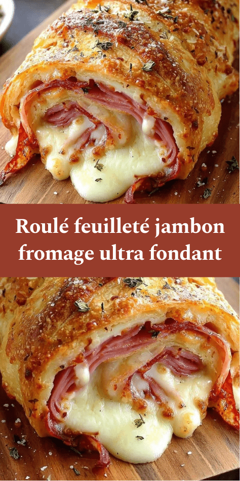 Roulé feuilleté jambon fromage tranché, pâte dorée et croustillante, fromage fondu visible à l’intérieur, servi tiède sur une planche.