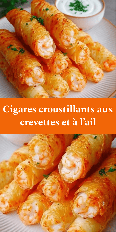 Cigares croustillants aux crevettes dorés et croustillants, servis chauds sur une assiette avec sauce au yaourt citronnée et persil frais.