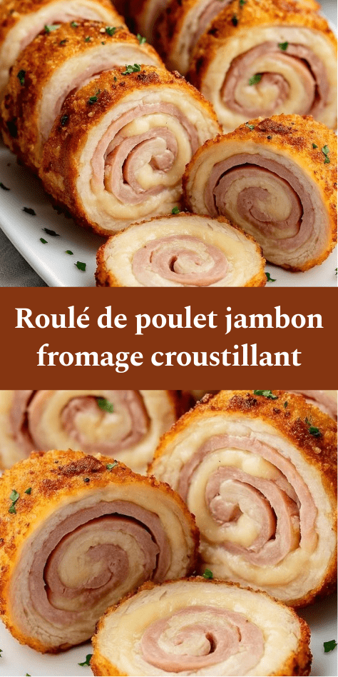 Roulé de poulet pané tranché, révélant une spirale de jambon et fromage fondant, panure dorée et croustillante, servi avec persil frais.