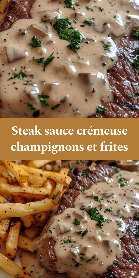 Steak grillé nappé de sauce crémeuse aux champignons, accompagné de frites maison dorées et croustillantes, servi dans une assiette rustique