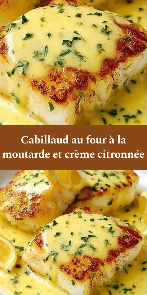Pavés de cabillaud au four nappés de sauce crémeuse à la moutarde et au citron, garnis de persil frais dans un plat en céramique