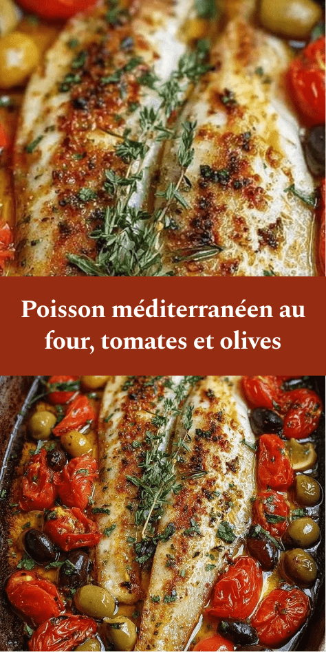 Filets de poisson méditerranéen blanc au four avec tomates cerises rôties, olives vertes et noires, rondelles de citron et herbes fraîches dans un plat méditerranéen