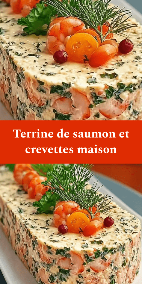 Terrine de saumon et crevettes tranchée, texture fondante rosée avec morceaux visibles de crevettes et herbes fraîches, servie sur un plat élégant