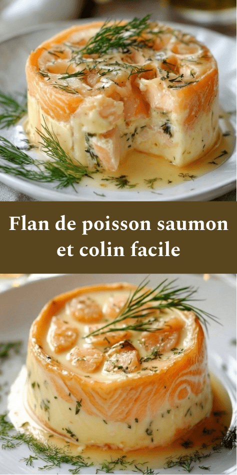 Flan de poisson au saumon et colin tranché, texture fondante rosée et blanche marbrée, servi avec sauce citronnée et herbes fraîches