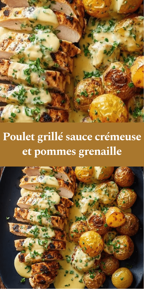 Filet de poulet grillé doré nappé d’une sauce crémeuse aux herbes, servis avec pommes grenaille rôties croustillantes et persil frais