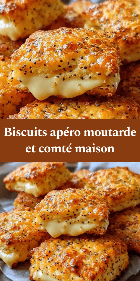 Biscuits apéro dorés à la moutarde et au Comté, croustillants à l’extérieur et fondants à cœur, disposés sur une planche en bois