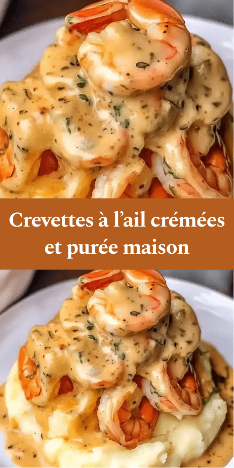 Crevettes à l'ail dorées nappées d’une sauce crémeuse à l’ail et aux herbes, servies sur une purée de pommes de terre lisse et onctueuse