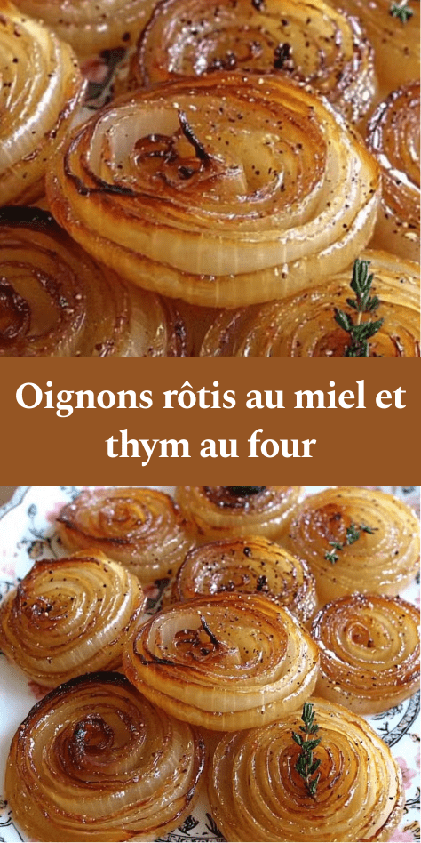 Rondelles épaisses d’oignons rôtis au miel et au thym, dorées et légèrement caramélisées sur une plaque de cuisson