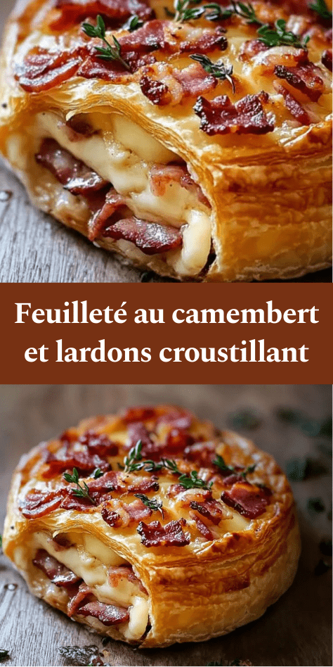 Feuilleté au camembert et lardons doré , pâte feuilletée croustillante ouverte laissant apparaître un fromage coulant et des lardons fumés