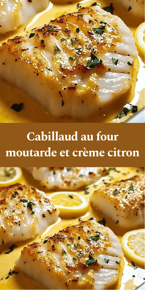 Dos de cabillaud au four nappé d’une sauce crémeuse à la moutarde et au citron, parsemé de persil frais et rondelles de citron