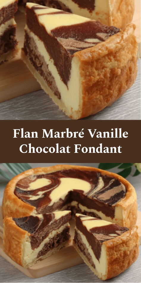 Flan marbré vanille chocolat avec motif spiralé visible, texture crémeuse et fondante, base de pâte dorée, servi en part sur assiette