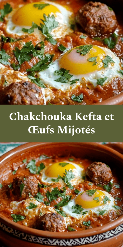 Chakchouka kefta aux œufs mijotés dans une sauce tomate épicée, boulettes de viande dorées, œufs coulants, persil frais et plat servi chaud
