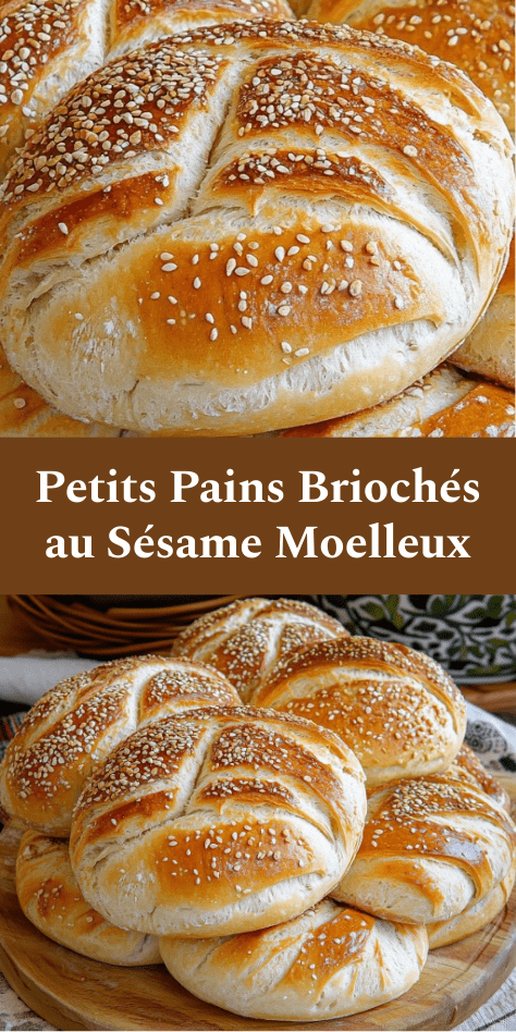 Petits pains briochés au sésame dorés au four, texture moelleuse à l’intérieur, surface brillante avec graines de sésame, disposés sur plaque de cuisson
