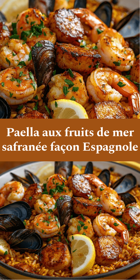 Paella aux fruits de mer safranée avec crevettes, moules et Saint-Jacques, riz jaune doré au safran, persil frais et quartiers de citron servis chaud