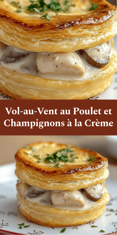 Vol-au-vent au poulet et champignons à la crème avec pâte feuilletée dorée et croustillante, garniture crémeuse au poulet et champignons, persil frais en finition
