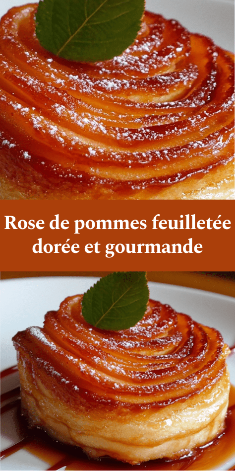 Rose de pommes feuilletée dorée au four avec tranches de pommes rouges en spirale, pâte croustillante, nappage caramel brillant et sucre glace