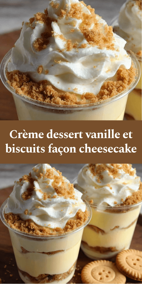 Crème dessert vanille et biscuits façon cheesecake en verrines, couches de crème onctueuse, biscuits émiettés croustillants et chantilly aérienne sur le dessus