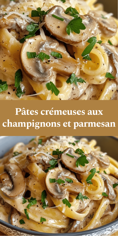 Pâtes crémeuses aux champignons de Paris et parmesan râpé, sauce onctueuse brillante, persil frais ciselé et poivre noir sur le dessus