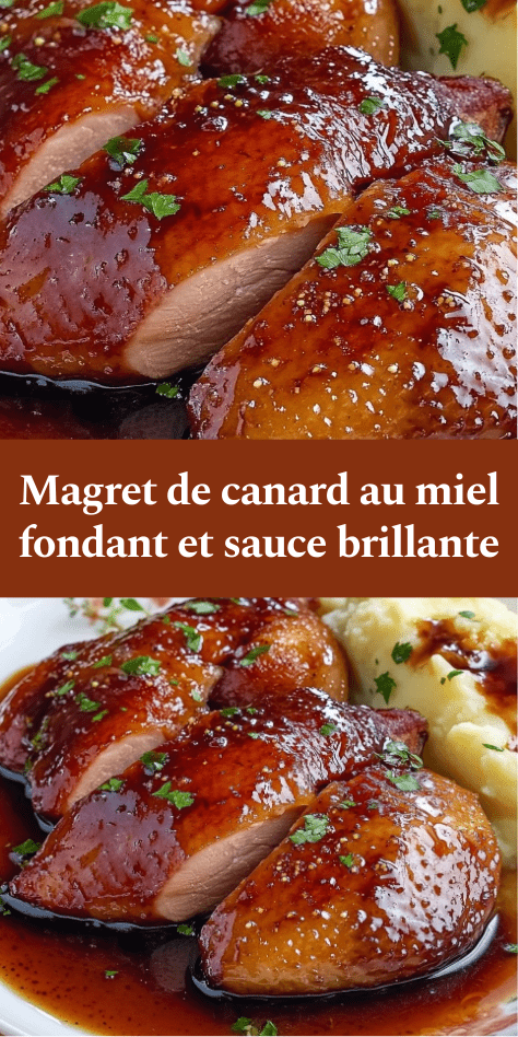 Magret de canard au miel tranché en lamelles rosées, sauce miel soja brillante nappante, purée de pommes de terre crémeuse en accompagnement