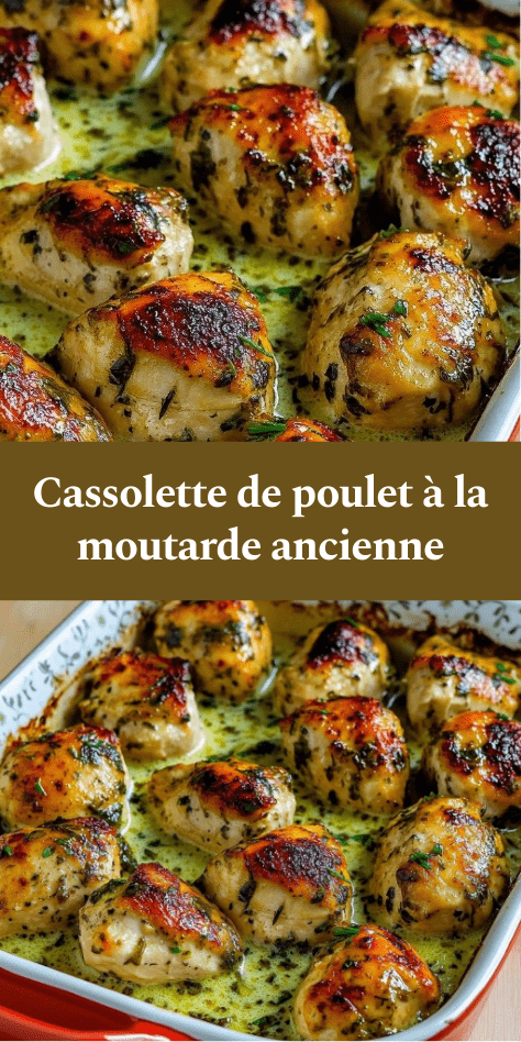 Cassolette de poulet à la moutarde ancienne gratinée au four avec sauce crémeuse, persil frais et morceaux de poulet dorés servis dans un plat en céramique